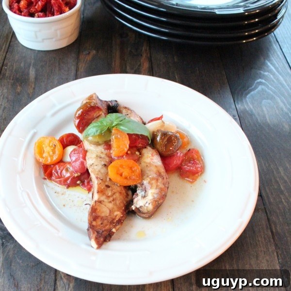 Close-up of Skillet Roasted Balsamic Tomatoes and Chicken