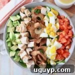 Cobb Salad in a bowl with apple chips, eggs, tomatoes, chicken and avocado, served with honey dijon dressing