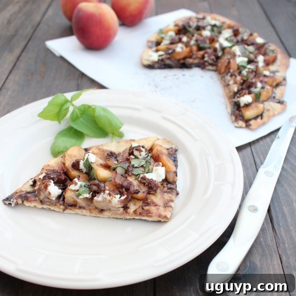 Close-up of a delicious Peach and Goat Cheese Flatbread