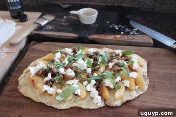 Assembling Peach Basil Flatbread with Goat Cheese