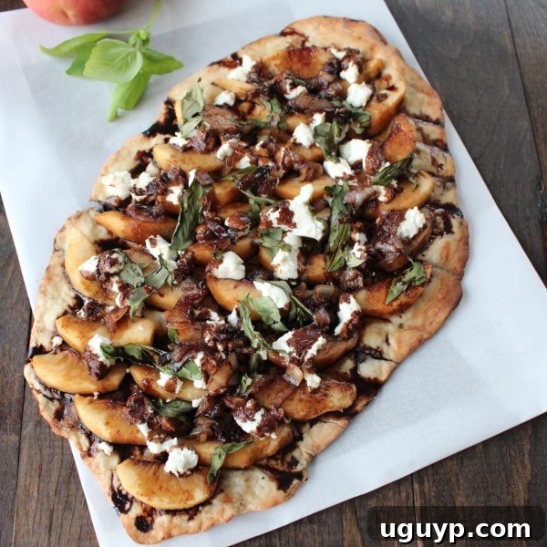 Grilled Peach and Goat Cheese Flatbread cooking on the grill