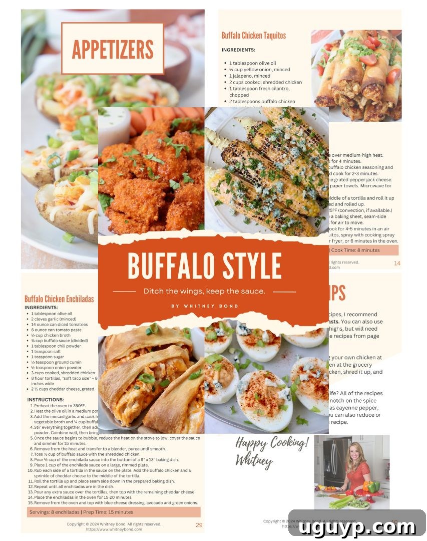 A collage of delicious buffalo-style recipes and the 'Buffalo Style' cookbook cover, featuring buffalo deviled eggs, buffalo chicken taquitos, and other savory dishes.