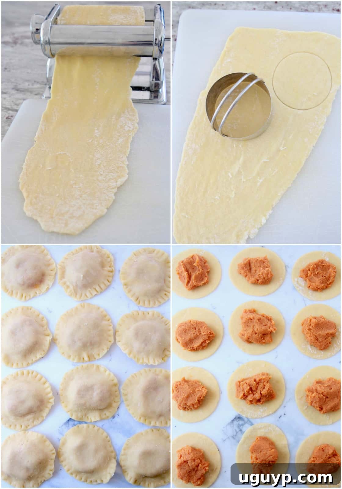 Collage of images showing how to make homemade sweet potato raviolis