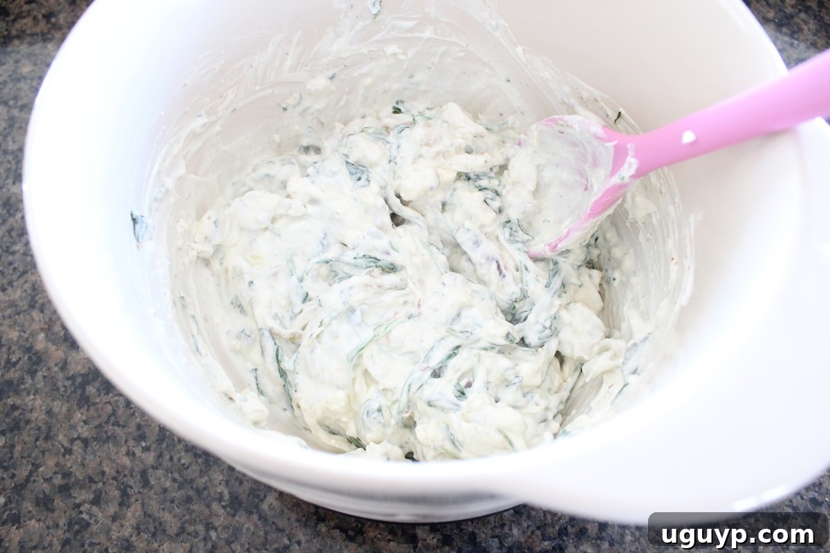 Blue Cheese Spinach Dip mixture ready for baking