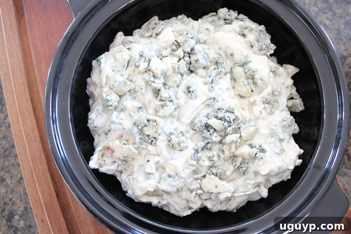 Blue Cheese Spinach Dip in a baking dish