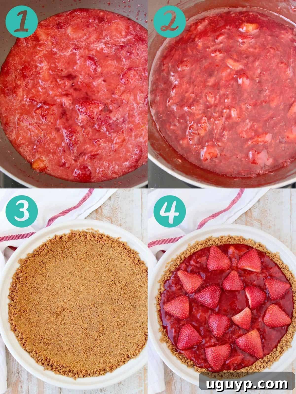 A collage of four instructional images demonstrating the steps to make a fresh strawberry pie with a graham cracker crust.