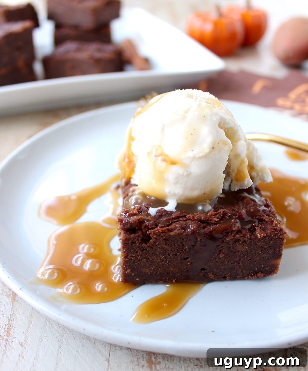 Rich, fudgy gluten-free sweet potato brownies topped with creamy vanilla bean ice cream and a sweet caramel drizzle, perfect for autumn desserts.