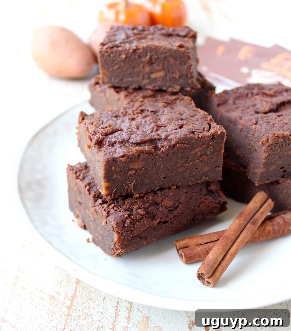 A pan of perfectly baked gluten-free sweet potato brownies, with a beautiful golden-brown top and rich chocolate interior.