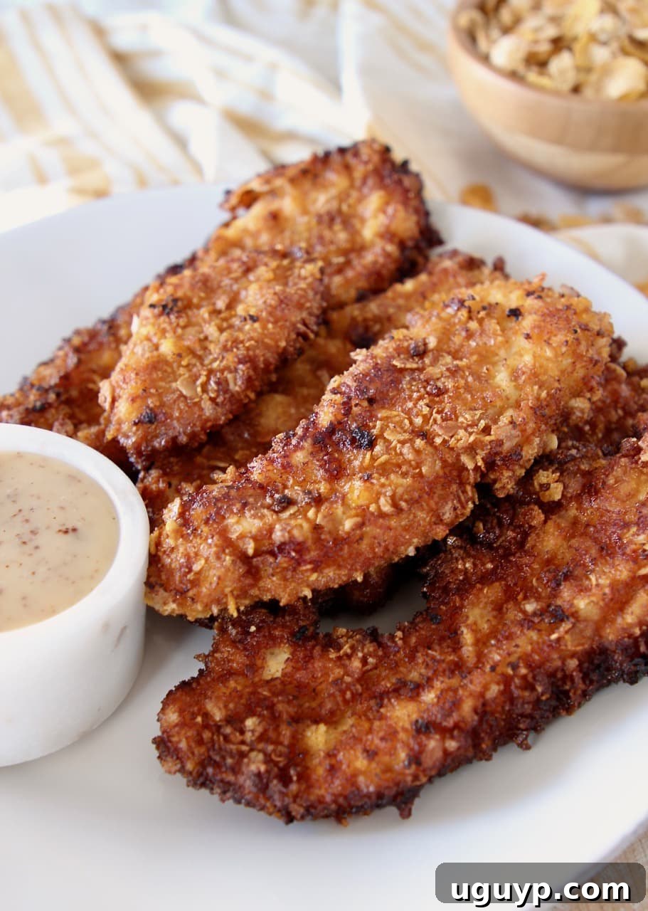 Honey bunches of oats fried chicken strips on plate with a ramekin of honey mustard dressing on yellow and white striped towel