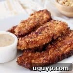 Fried chicken piled on plate with white bowl of honey dijon dressing on yellow on white napkin