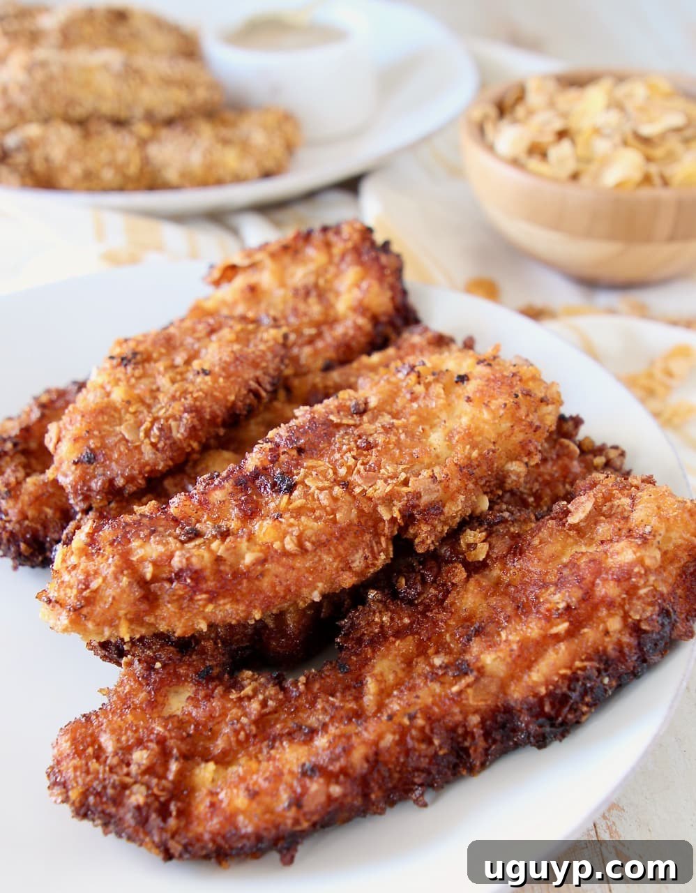 Fried chicken strips on plate with baked chicken strips on plate behind it with bowl of cereal