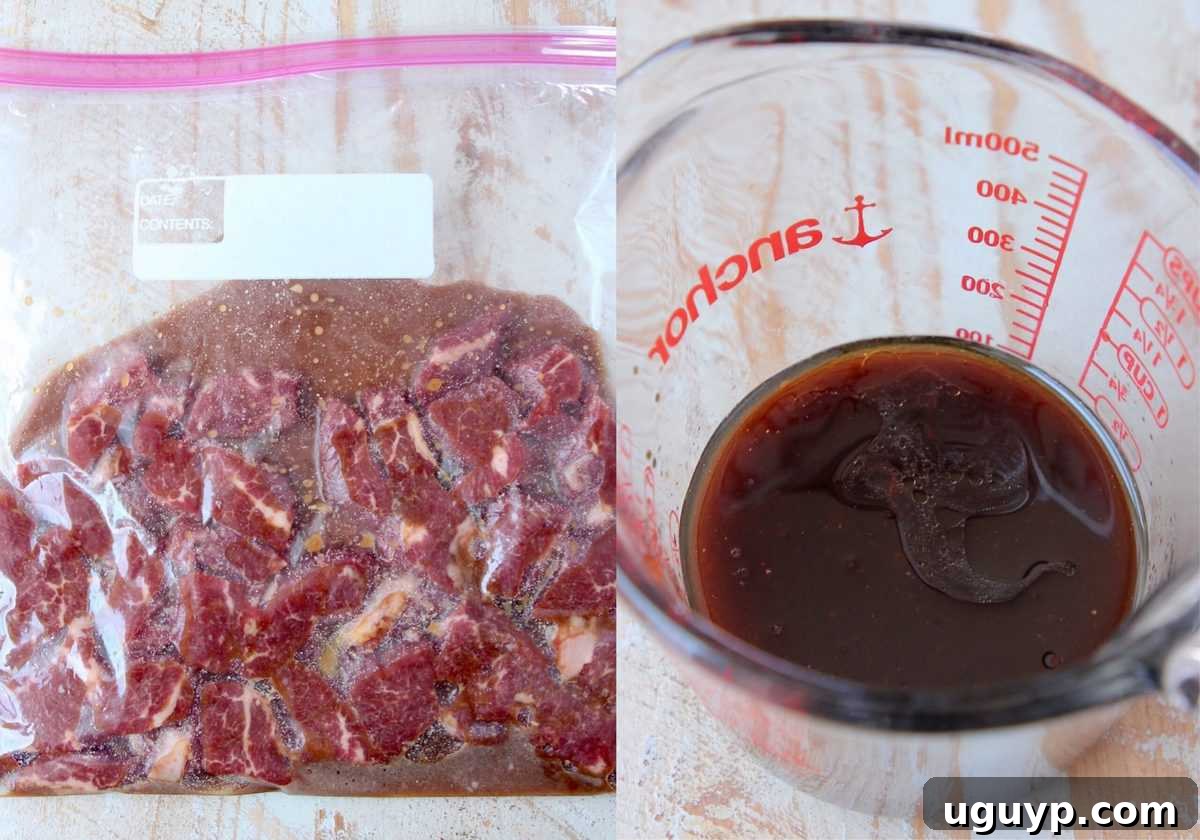 beef marinating in zipper bag and stir fry sauce in glass measuring cup