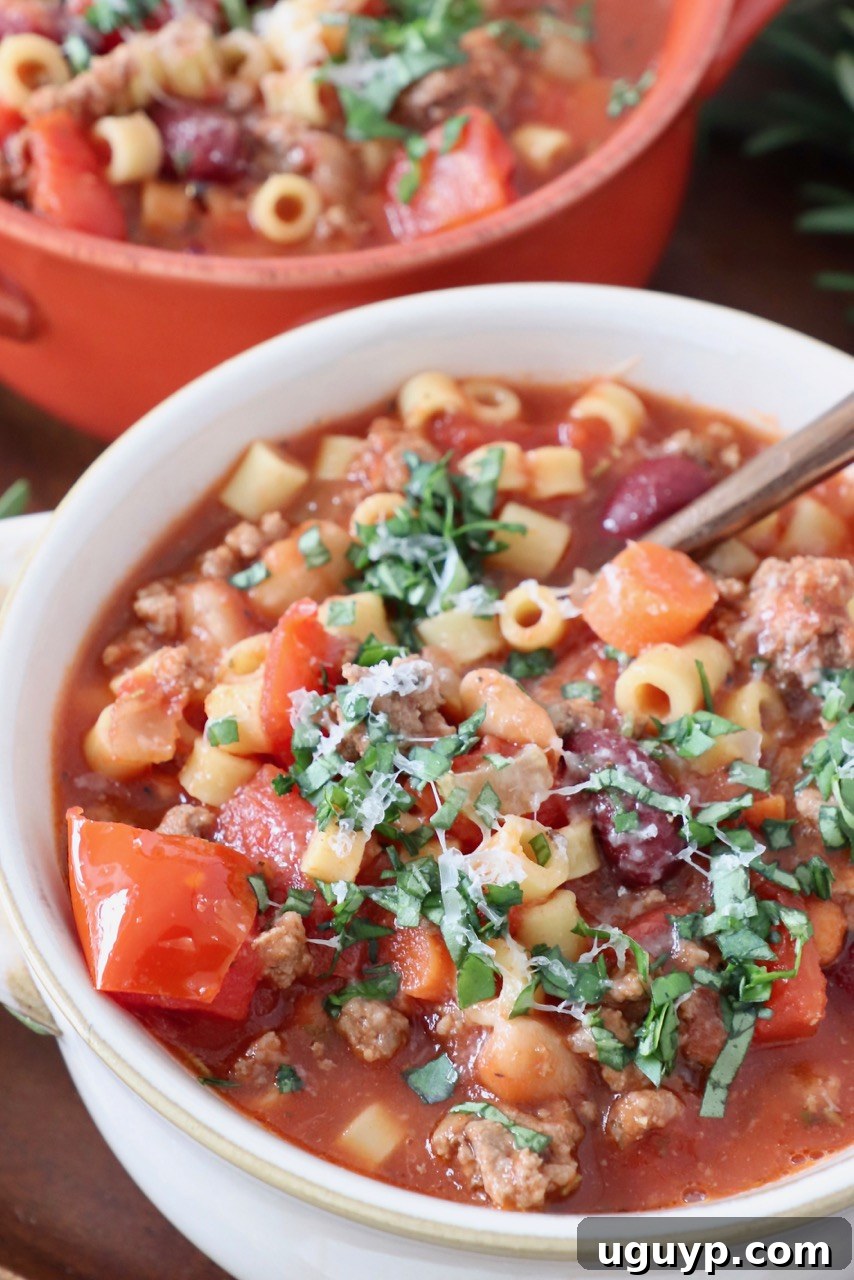 A steaming bowl of homemade Pasta Fagioli soup with a spoon, ready to be enjoyed.
