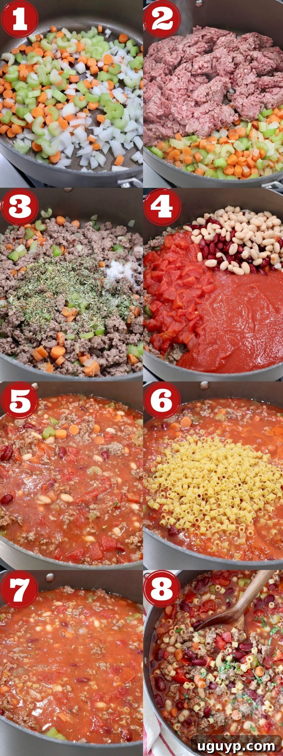 A visual guide showing a step-by-step collage of making Pasta Fagioli soup.