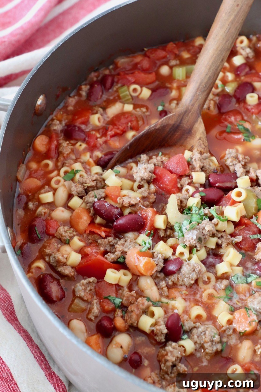 Pasta Fagioli soup served in a large pot with a serving spoon, ready for family dinner.