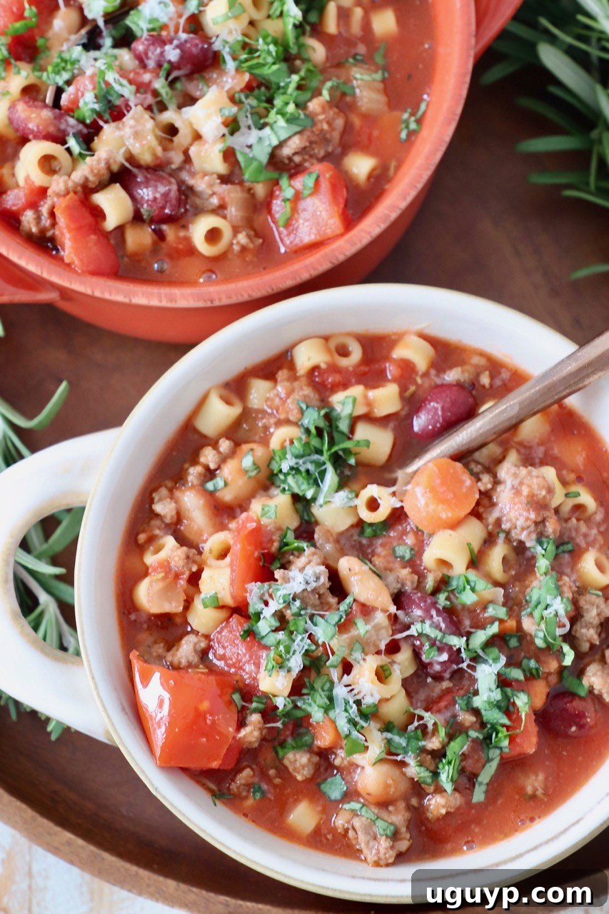 An overhead shot of two bowls of Pasta Fagioli soup with copper spoons, beautifully presented.