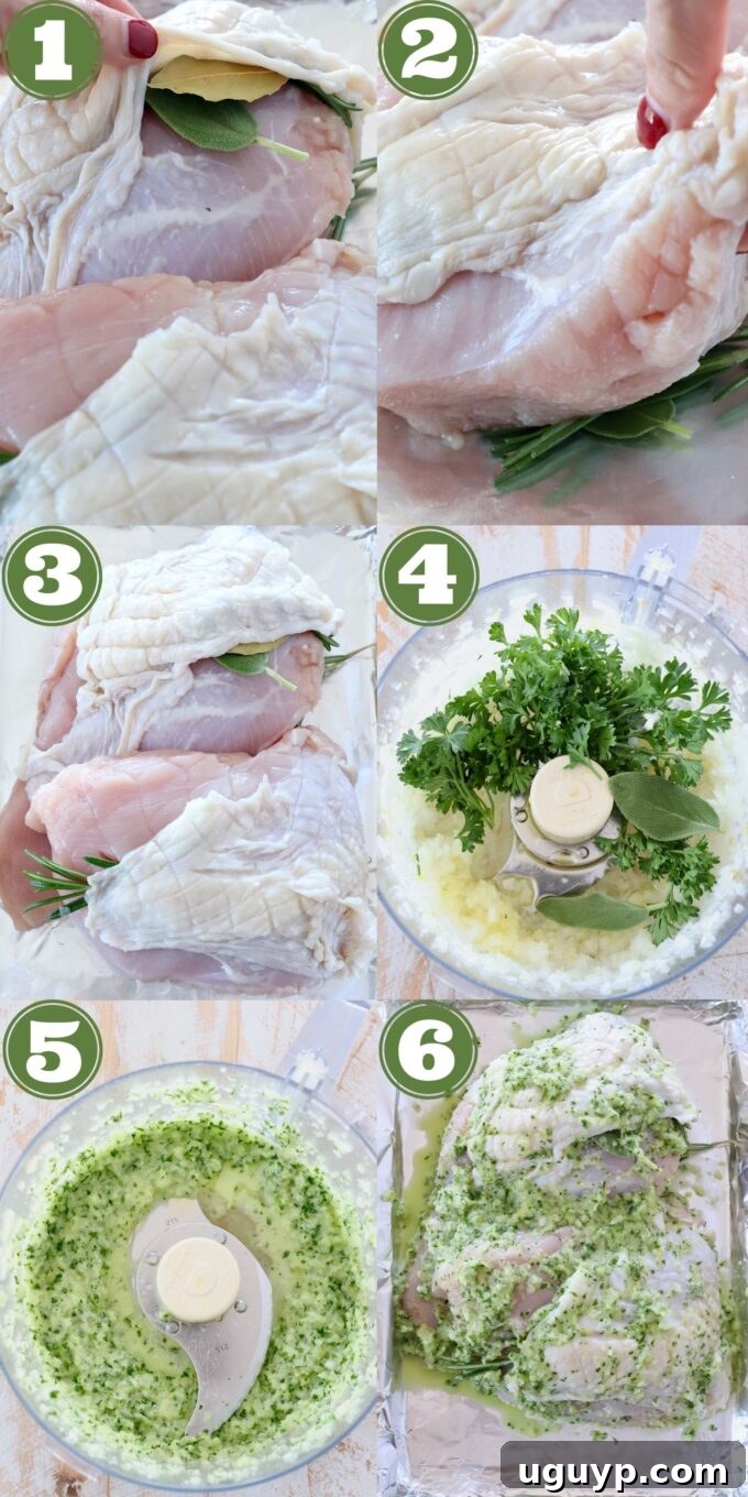 collage of images showing how to make an herb rubbed turkey breast