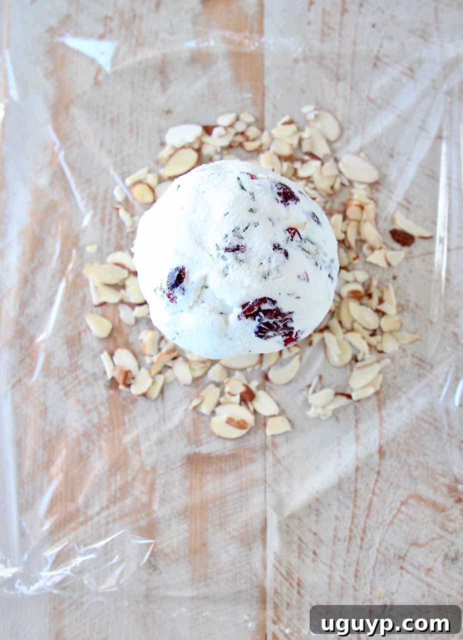 A visual guide showing the simple process of combining ingredients for the goat cheese ball, including softened goat cheese, vibrant dried cranberries, and freshly chopped rosemary.