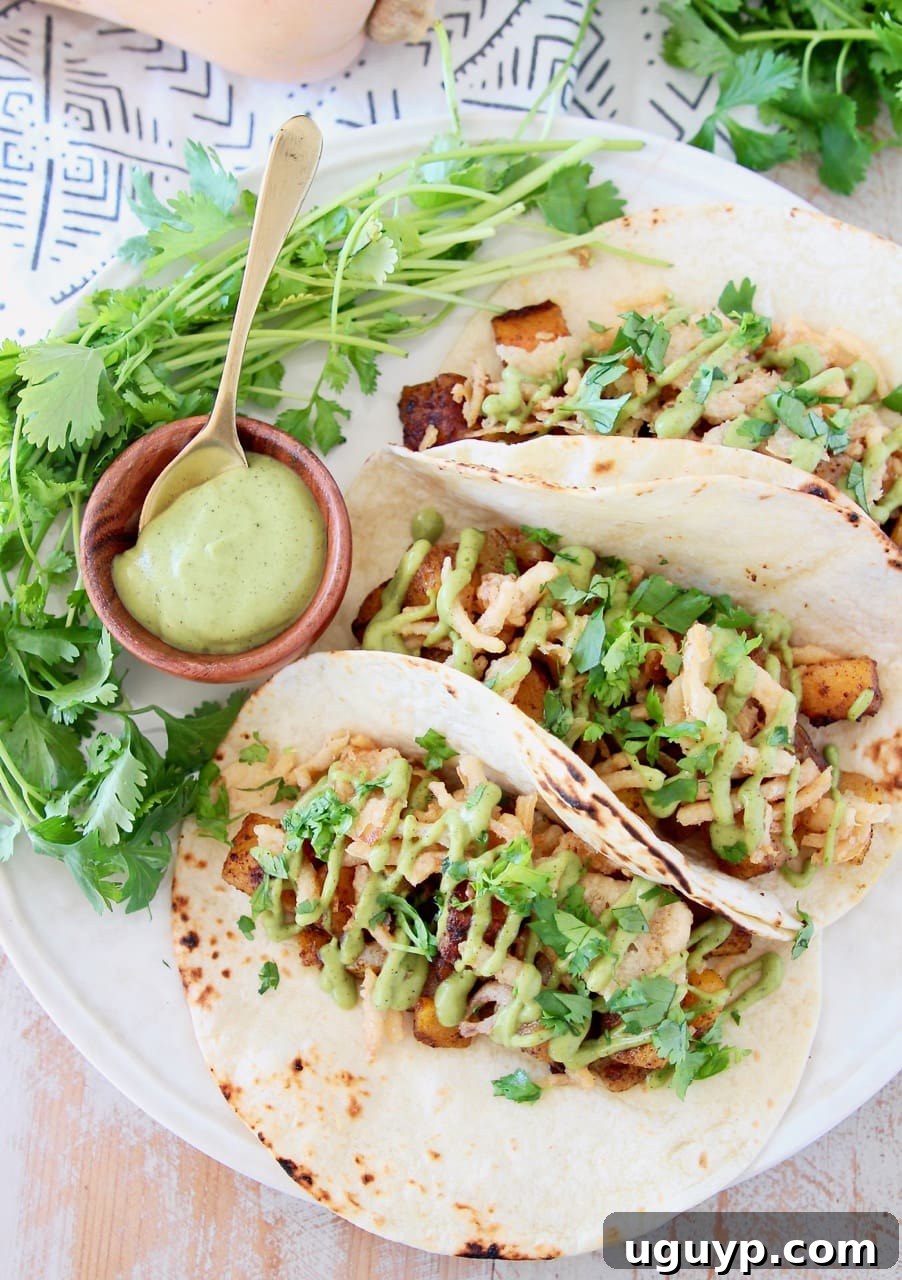 Butternut squash tacos topped with crispy onions, avocado cream sauce and fresh cilantro on plate