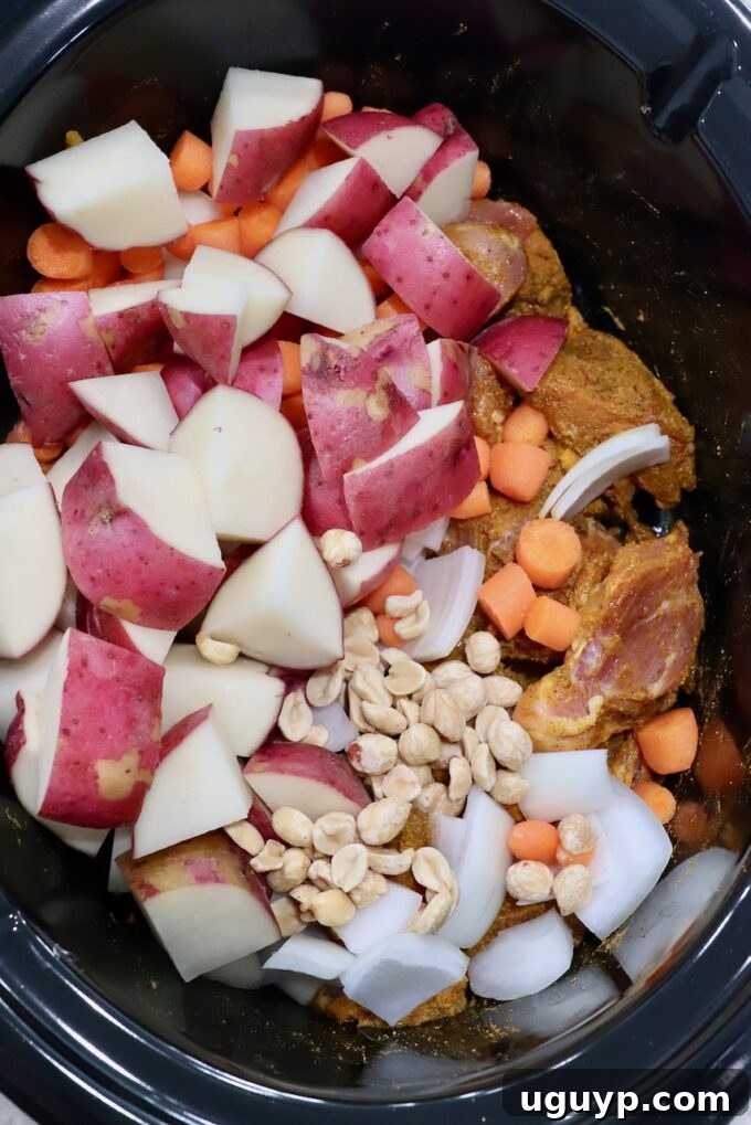 Seasoned chicken, vegetables, and peanuts placed in a slow cooker, ready for the curry sauce.
