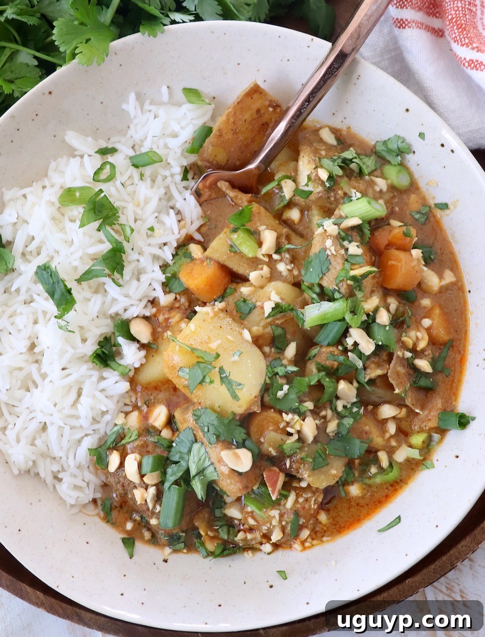 A serving of Massaman Curry Chicken and vegetables in a bowl with white rice, ready to eat.