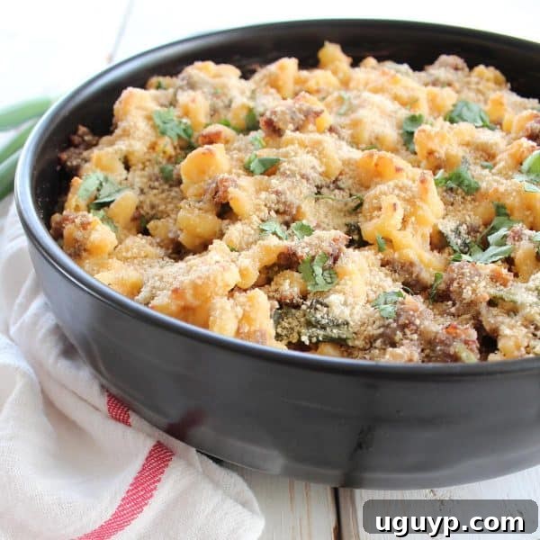 Spicy Sausage and Jalapeño Macaroni and Cheese, ready to be served from a baking dish, showcasing its golden crust and creamy interior.