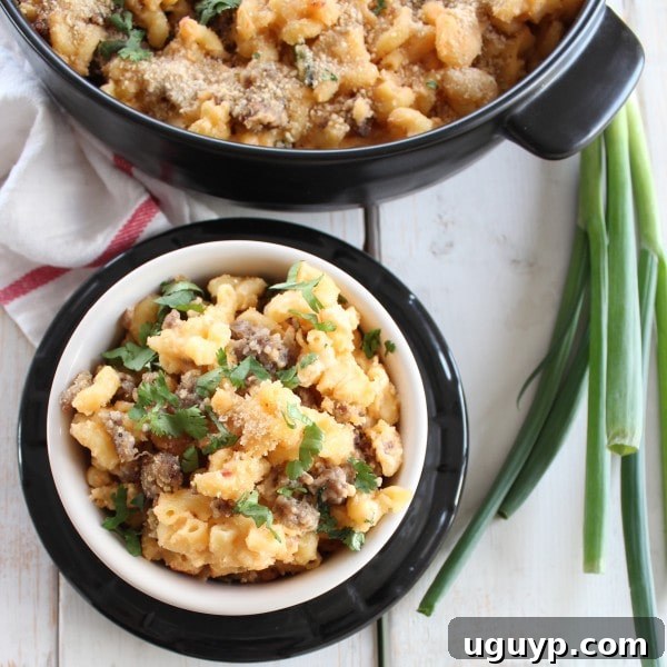 A large serving of homemade Sausage Macaroni and Cheese in a white bowl, garnished and ready for tasting.