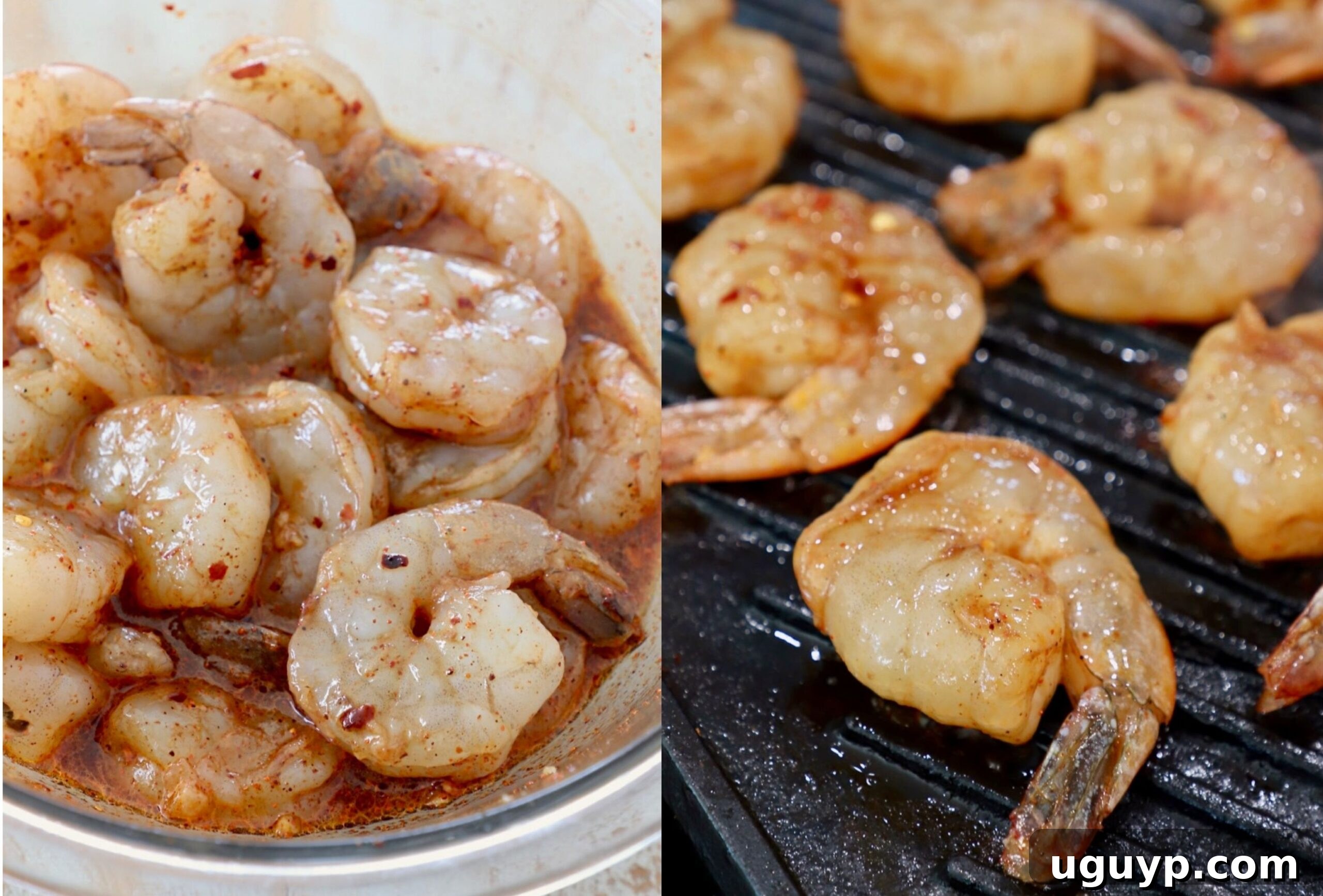 Shrimp marinating in a bowl, with some shrimp cooking on a grill pan