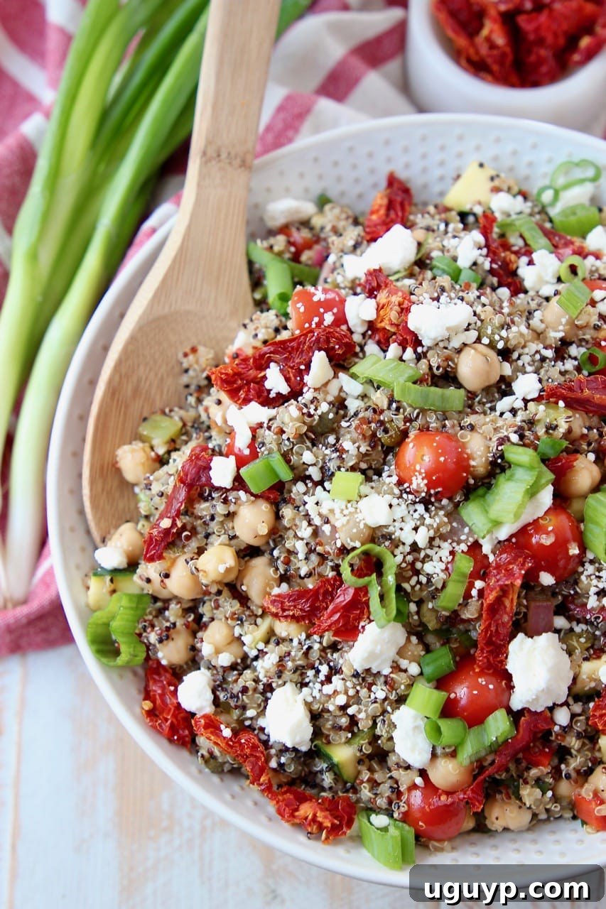 Overhead shot of quinoa salad with sun dried tomatoes, green onions and feta cheese crumbles