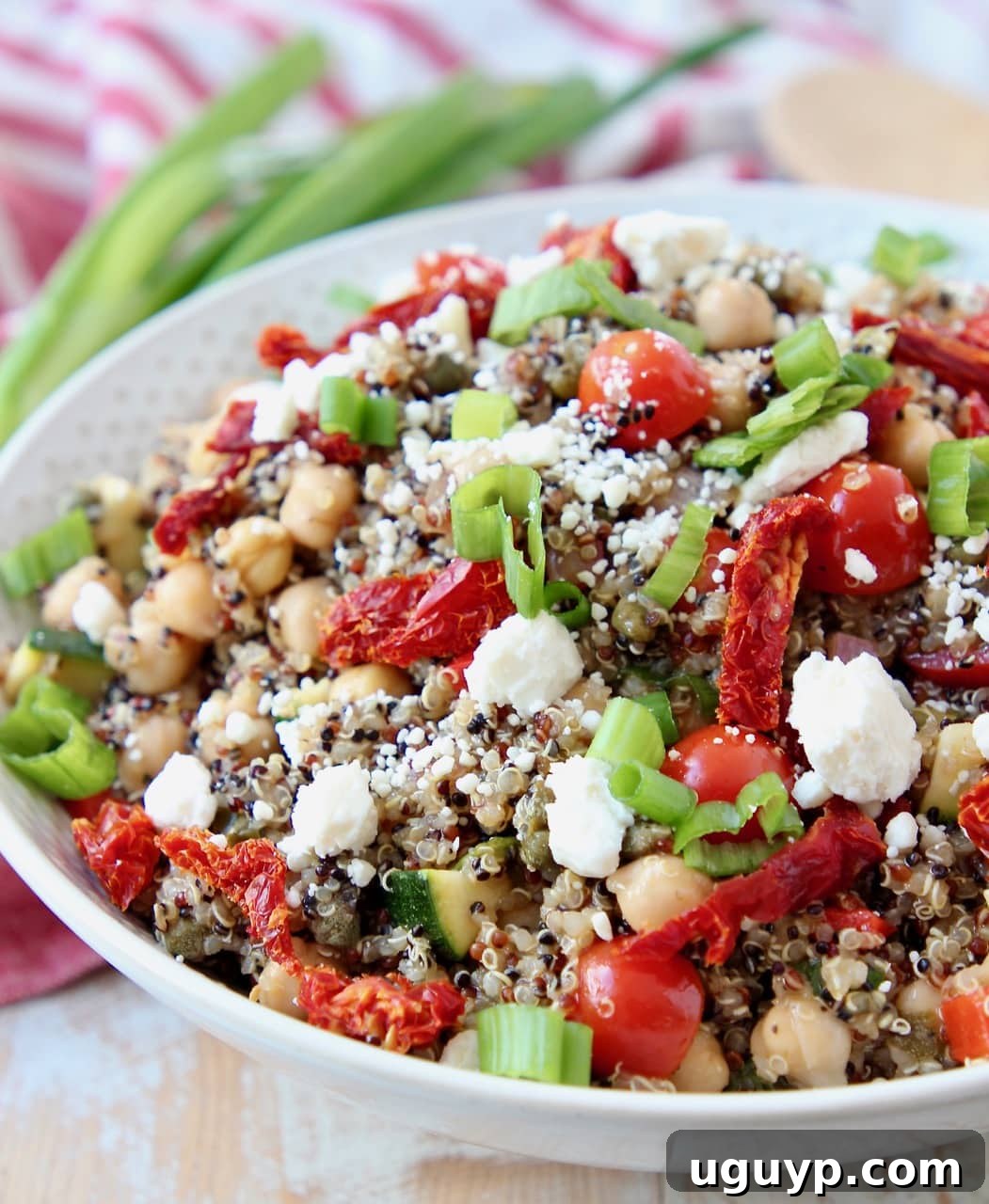 Cooked quinoa, sun dried tomatoes, chickpeas and feta cheese in white bowl topped with green onions