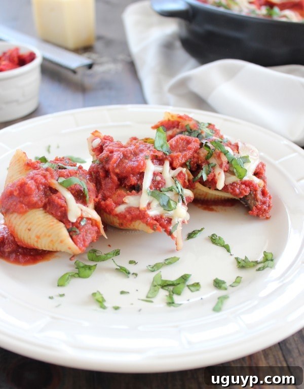 Three perfectly plated stuffed shells with rich tomato sauce on a white plate, ready to be enjoyed.
