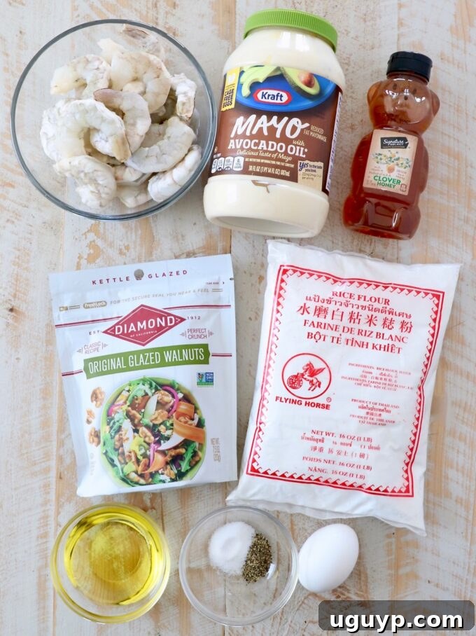 All the fresh ingredients laid out for making Honey Walnut Shrimp.