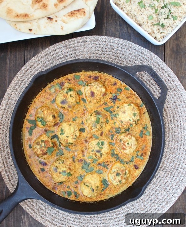 Beautifully plated Indian Chicken Curry Meatballs in Vindaloo Sauce, ready to be served