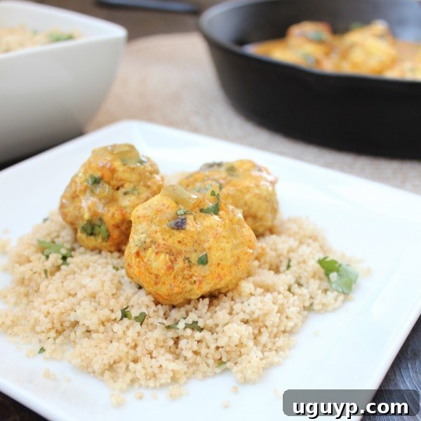 Chicken Curry Meatballs served over a bed of cilantro couscous with fresh herbs