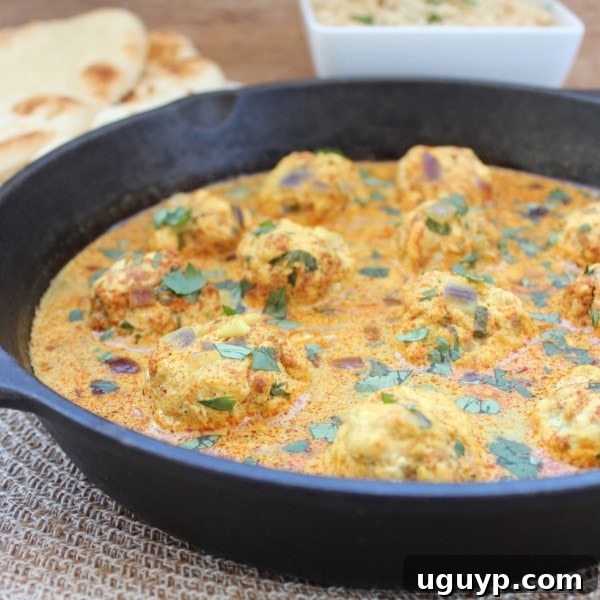 Spicy and aromatic Vindaloo Chicken Curry Meatballs simmering in rich sauce