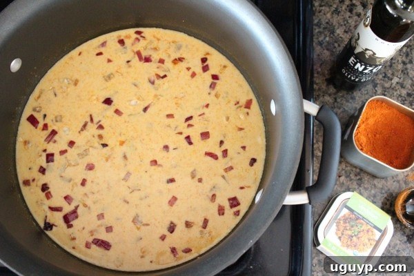 Coconut milk poured into the pan with spices, creating the creamy base of the Vindaloo sauce