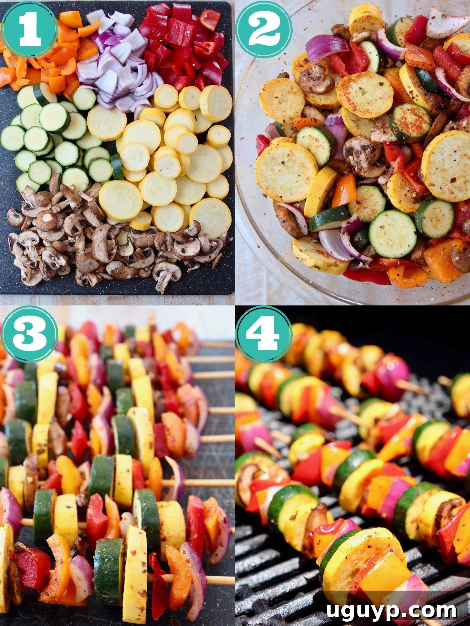 collage of images showing how to make grilled vegetable skewers