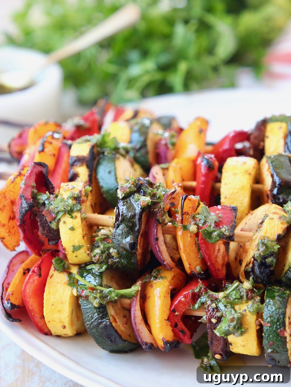 grilled vegetable skewers on plate with chimichurri sauce drizzled on top