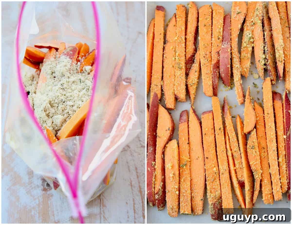 A sequence of images showing the steps to prepare sweet potato fries: washing, slicing, and coating with spices.