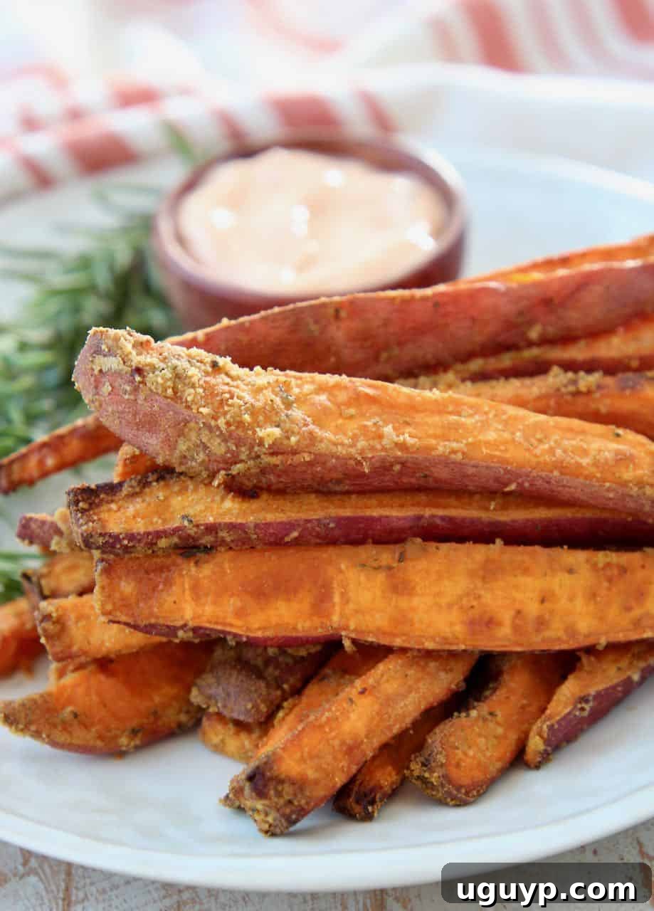 A generous serving of crispy baked sweet potato fries stacked high on a plate, showcasing their perfect golden color and enticing texture.
