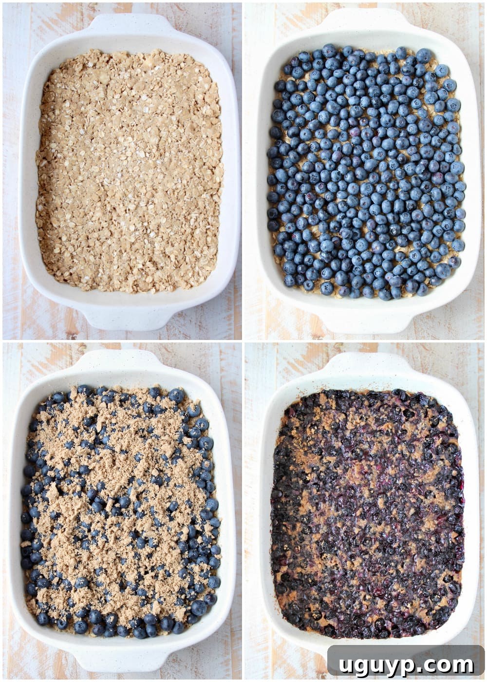 A visual guide showing a step-by-step collage on how to prepare homemade blueberry oatmeal bars, from mixing ingredients to layering and baking.