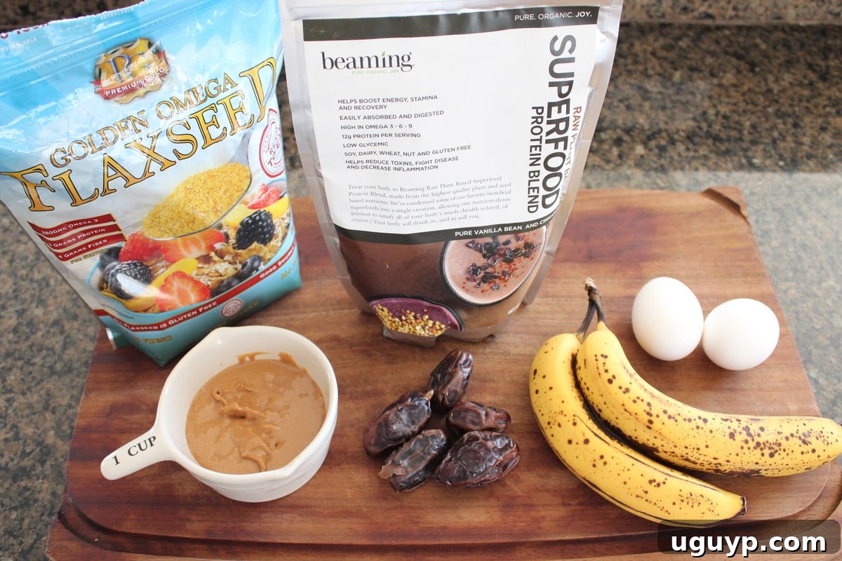 Key ingredients for high protein banana date pancakes laid out on a table
