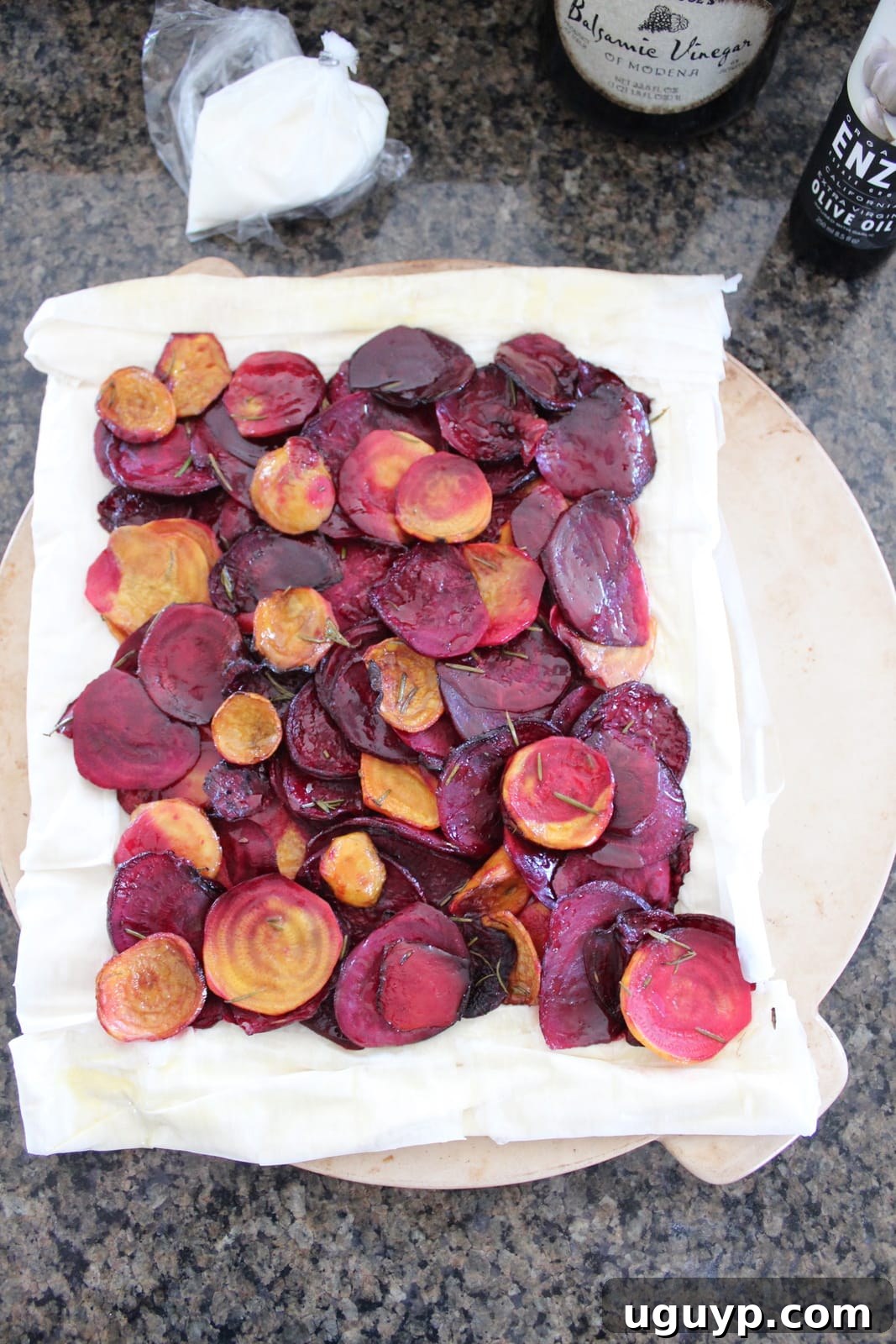 Roasted beets arranged on phyllo dough