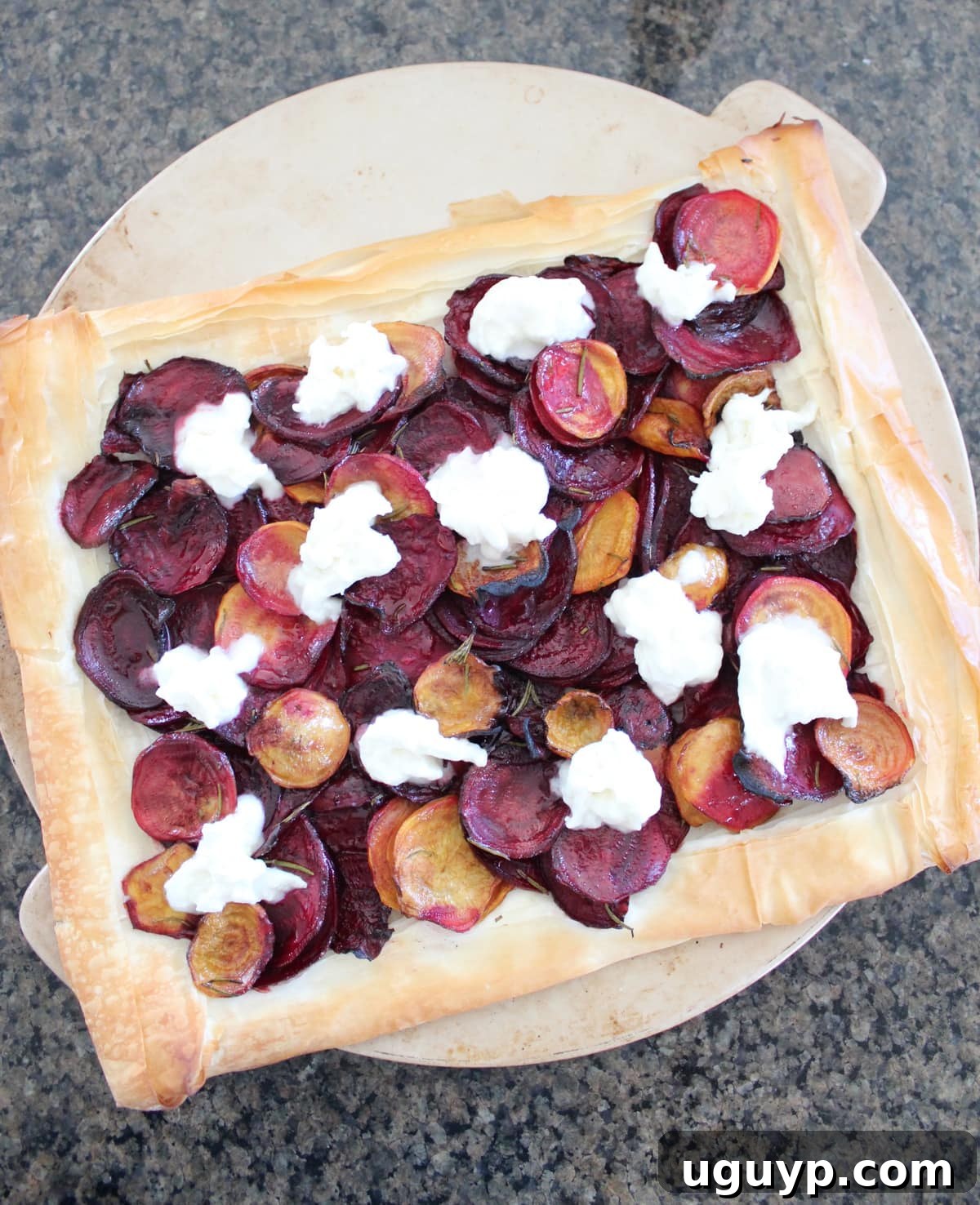 Beet tart with burrata cheese added for final baking