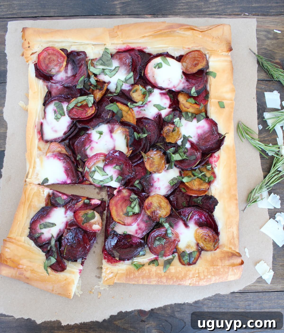 Finished Beet and Burrata Cheese Tart, golden and ready to serve