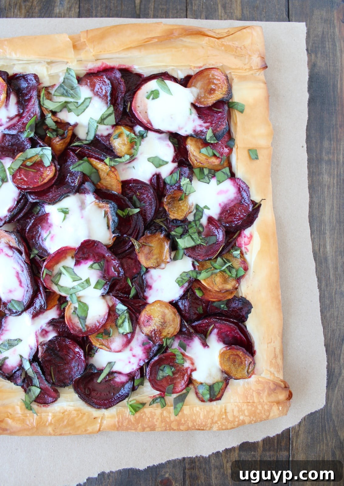 Slice of Roasted Beet Tart with Burrata