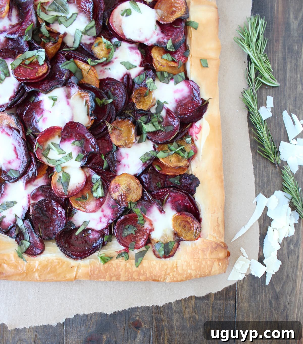 Close up of Roasted Beet and Burrata Tart