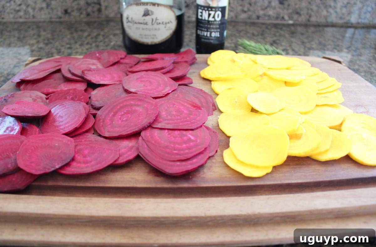 Purple and golden beets sliced for roasting