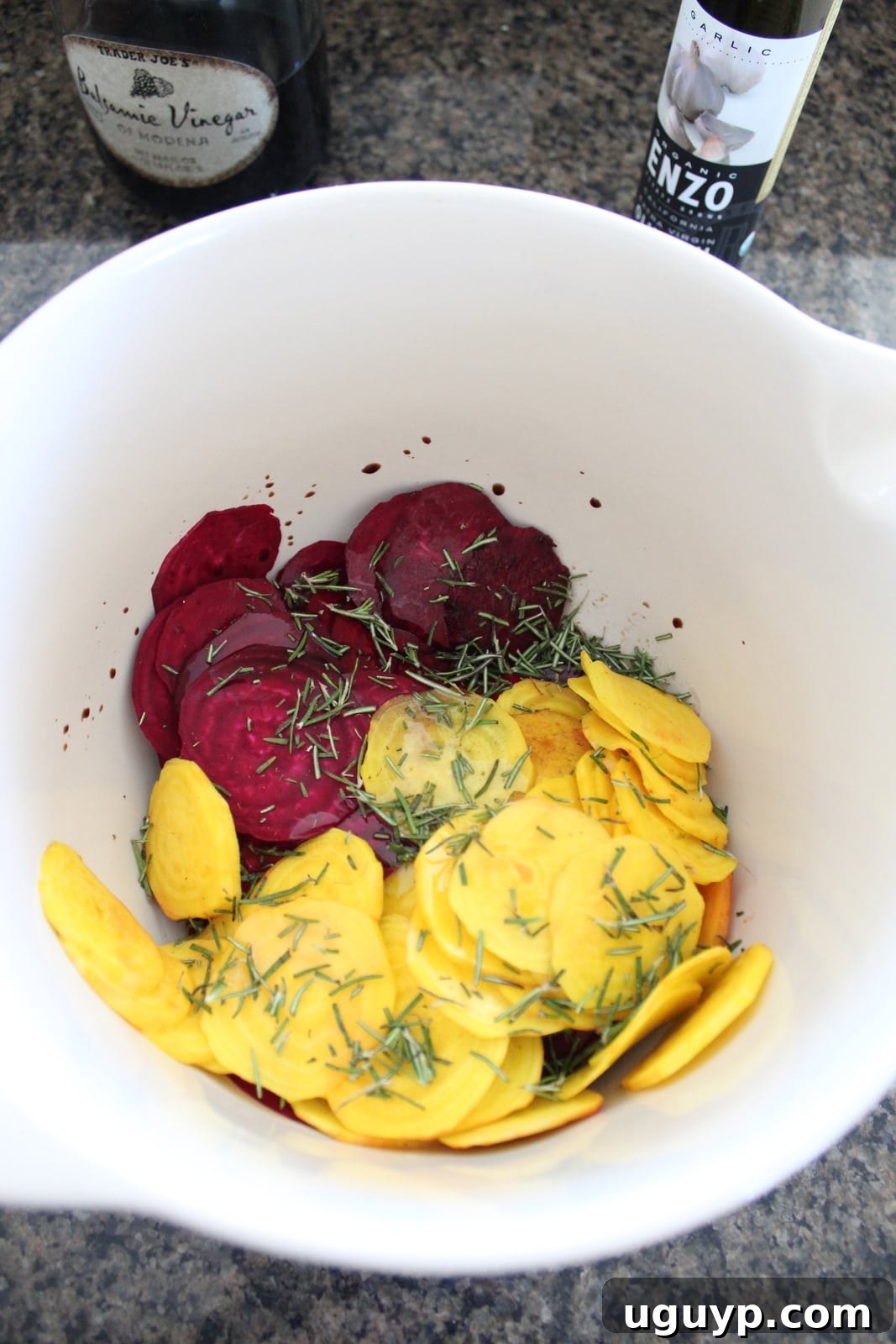 Beets tossed with olive oil, balsamic, and rosemary