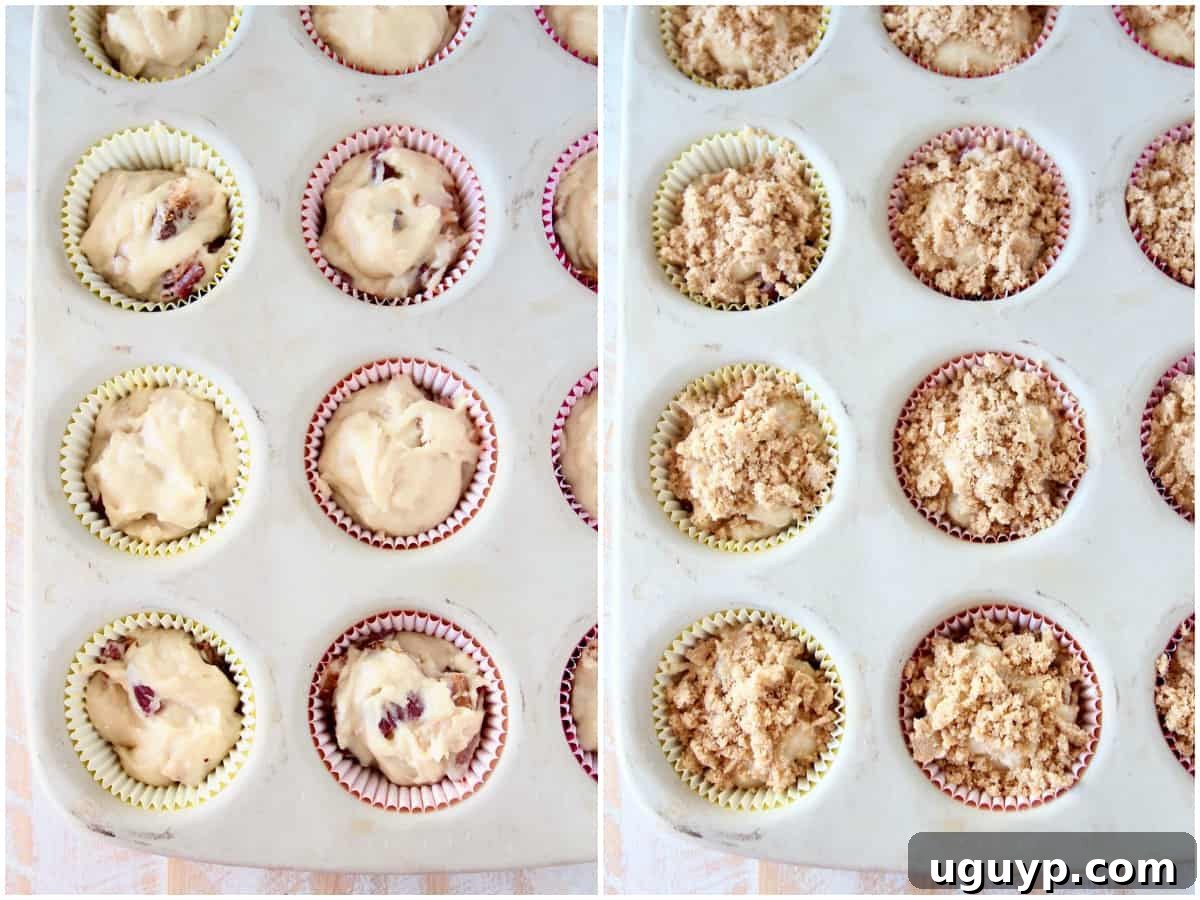 Step-by-step images demonstrating how to prepare delicious bacon maple muffins with a crispy brown sugar crumble.